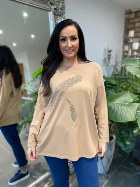 Camel Diamante Feather Knit Rosie