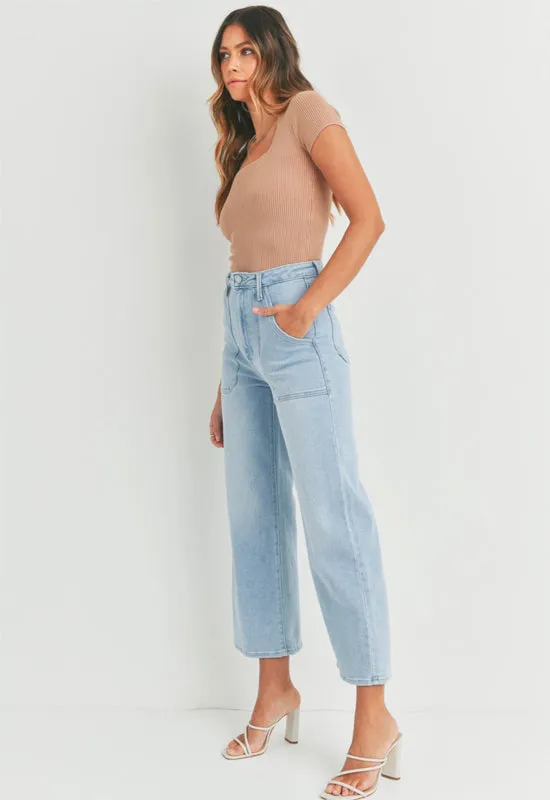 Just Black - High Rise Cargo Pocket Wide Leg Jean Light Denim