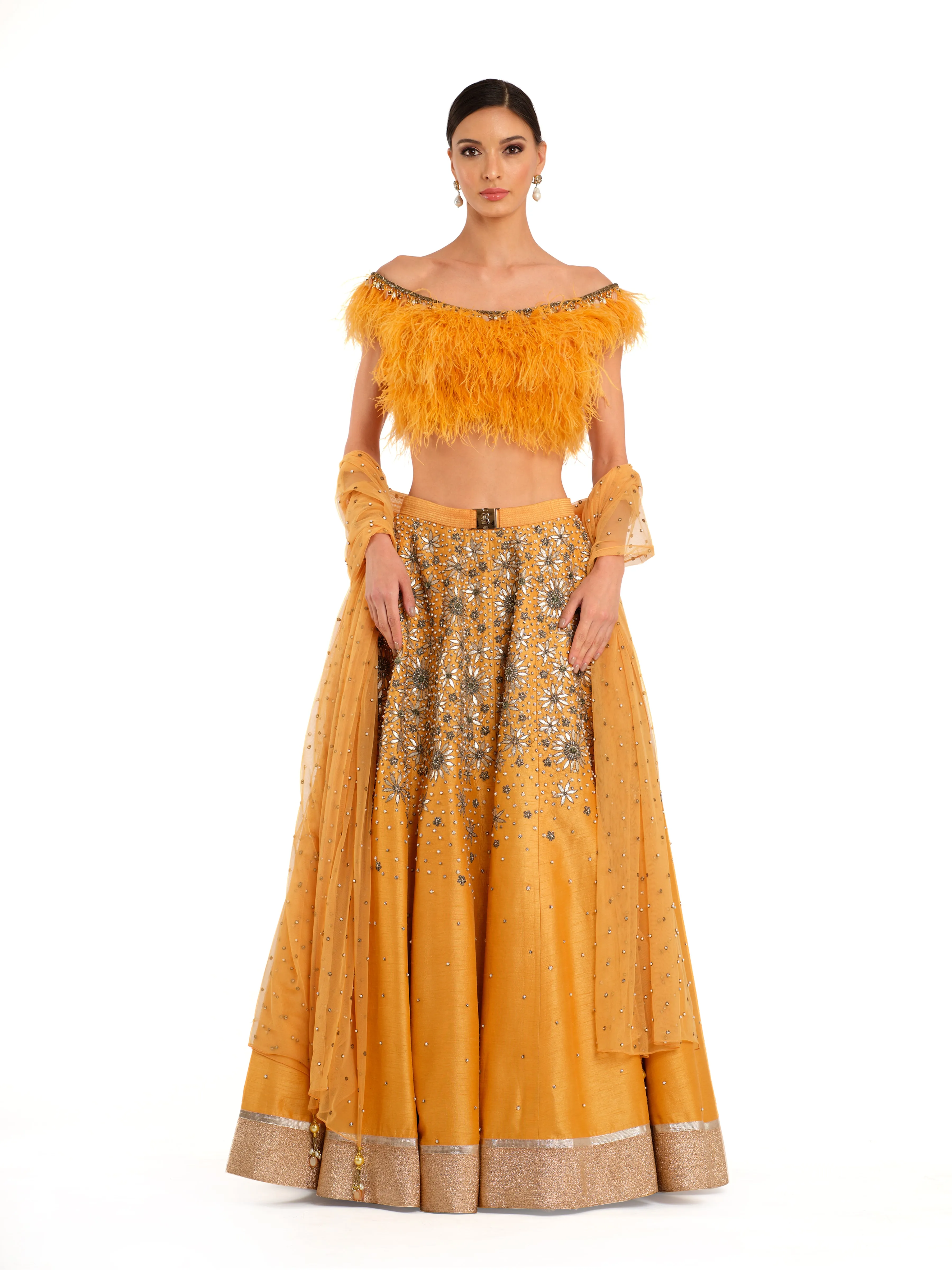 Orange Embroidered Lehenga with Feather detailed Blouse and Swiss Net Embroidered Dupatta