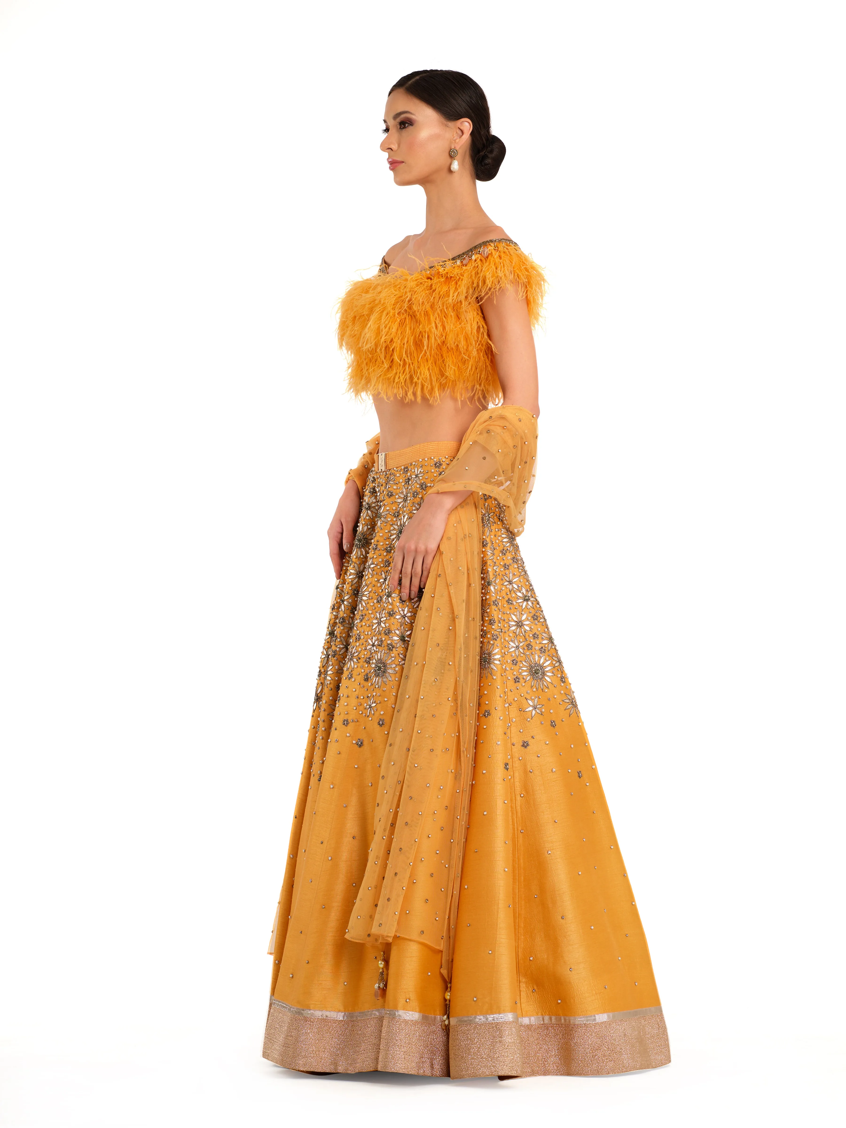 Orange Embroidered Lehenga with Feather detailed Blouse and Swiss Net Embroidered Dupatta