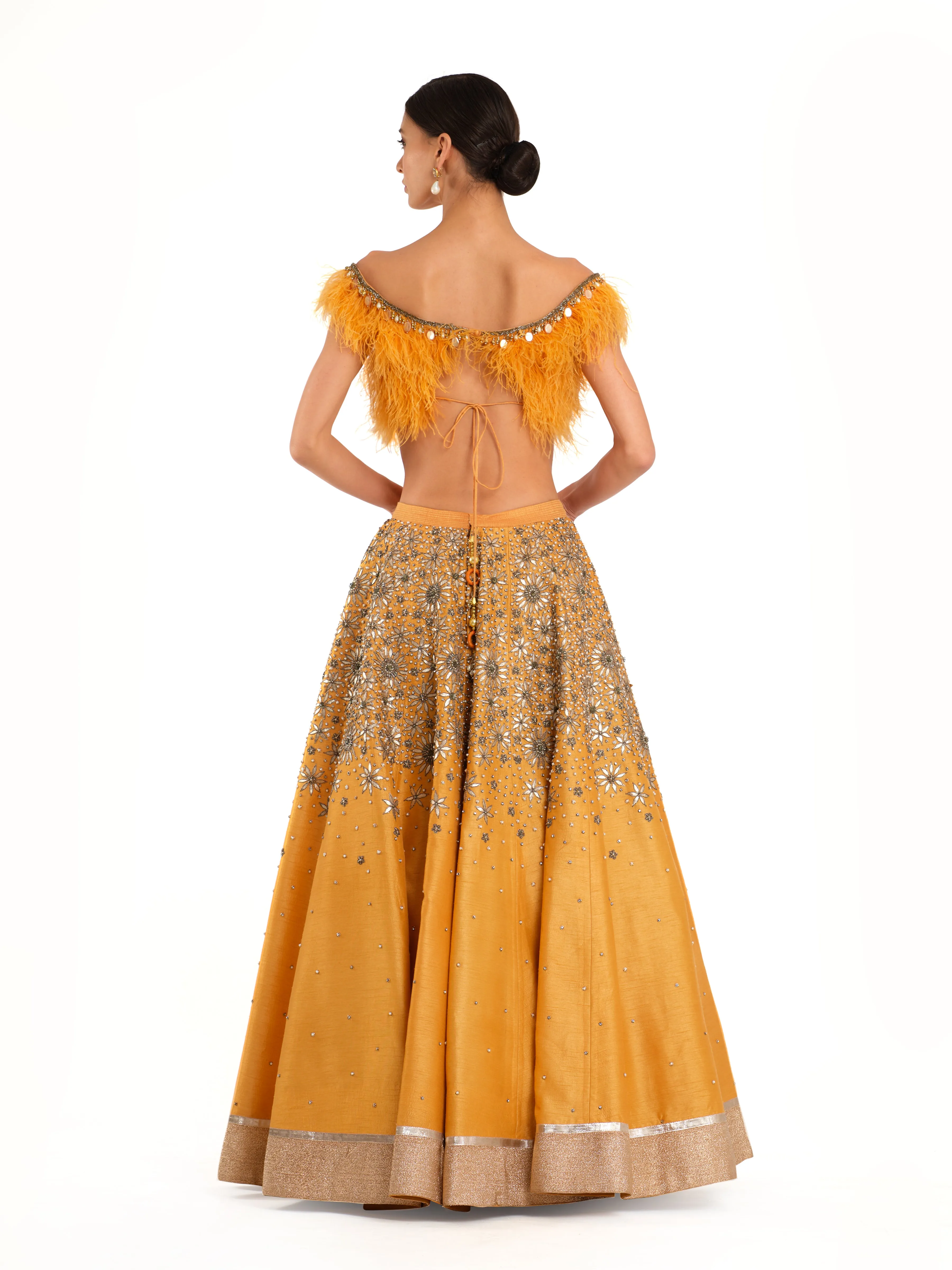 Orange Embroidered Lehenga with Feather detailed Blouse and Swiss Net Embroidered Dupatta