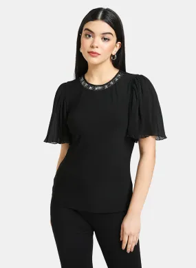 Pleated Sleeve Top With Embellished Neckline