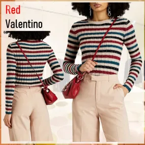 RED VALENTINO  |Crew Neck Stripes Casual Style Wool Rib Street Style