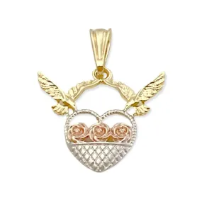 Tricolor heart with roses pendant in 18k of gold layering