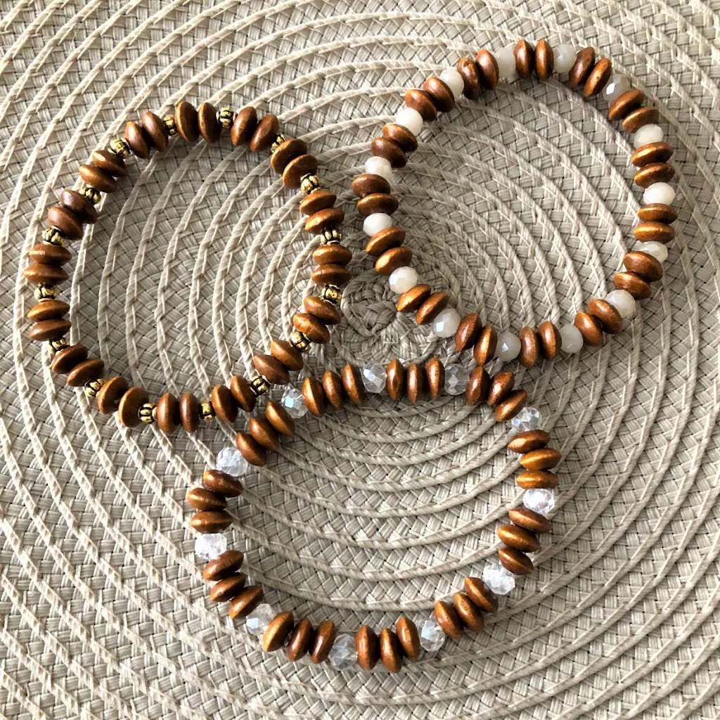 Wood and Gold Beaded Stretch Bracelet