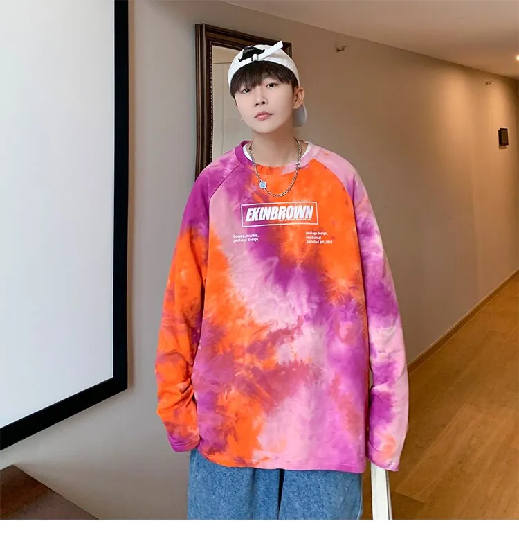 Xituodai Men Tie Dye Harajuku Graphic T Shirts 2022 Mens Vintage Japanese Streetwear Oversized T Shirt Male Y2k Long Sleeve Tees