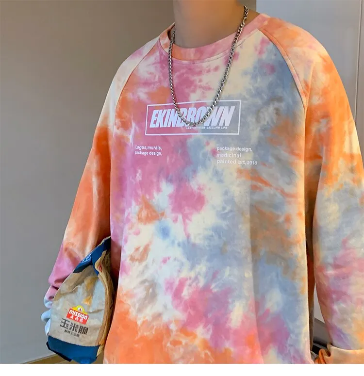 Xituodai Men Tie Dye Harajuku Graphic T Shirts 2022 Mens Vintage Japanese Streetwear Oversized T Shirt Male Y2k Long Sleeve Tees