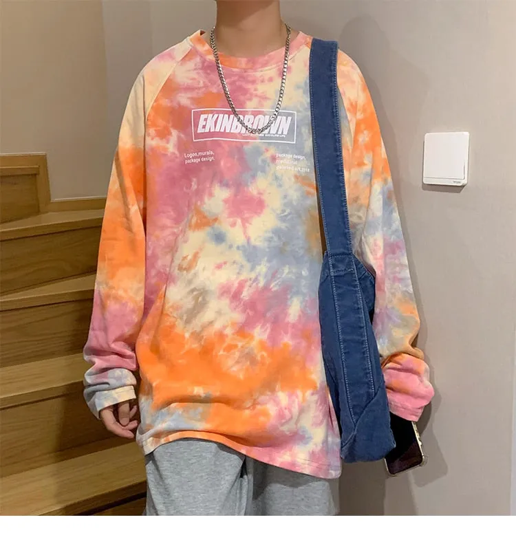 Xituodai Men Tie Dye Harajuku Graphic T Shirts 2022 Mens Vintage Japanese Streetwear Oversized T Shirt Male Y2k Long Sleeve Tees