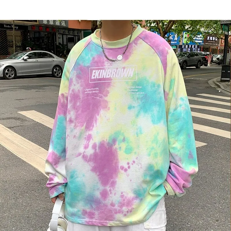 Xituodai Men Tie Dye Harajuku Graphic T Shirts 2022 Mens Vintage Japanese Streetwear Oversized T Shirt Male Y2k Long Sleeve Tees